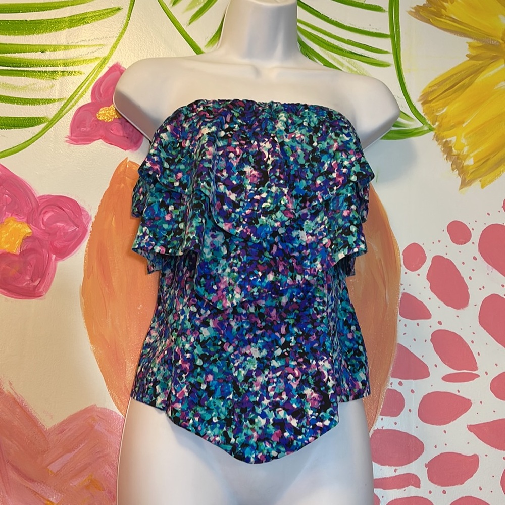 Strapless tankini ruffle top- size 8- blue, pink, purple